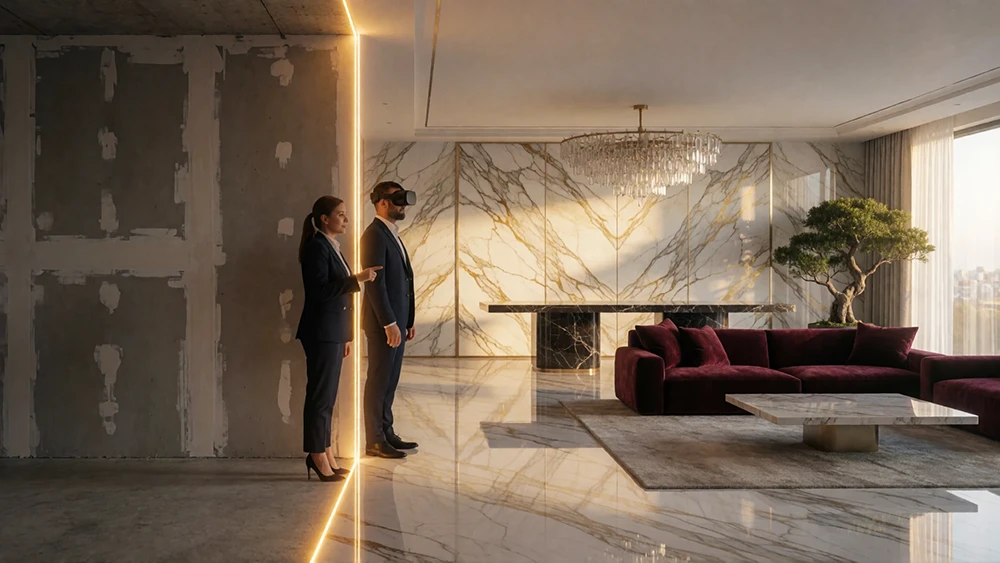 Una consulente immobiliaremostra un progetto d'interni a un uomo con visore VR in un ambiente metà cantiere e metà finito.