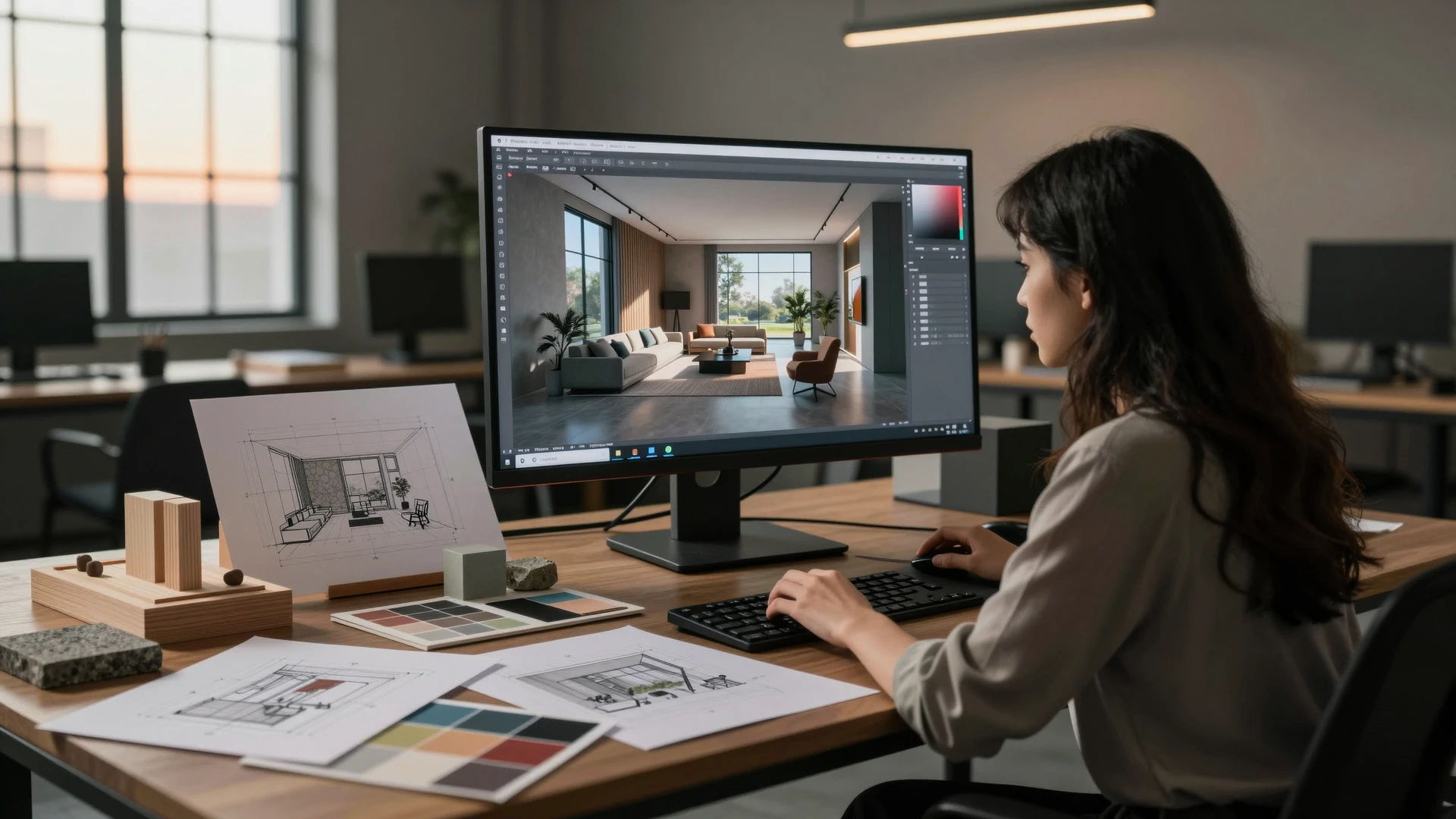 Primo piano di un grafico professionista al computer, concentrato sulla modellazione e sullo sviluppo di un progetto in grafica 3D all'interno di uno studio di design