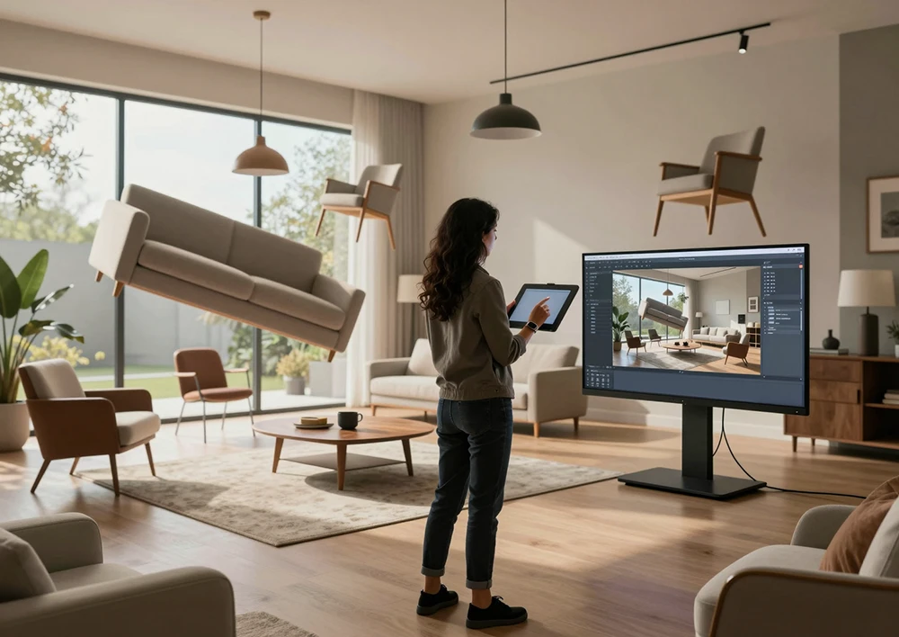 Rappresentazione concettuale di un 3D visualizer al lavoro, immerso in un ambiente digitale tridimensionale che si compone e si materializza sotto i suoi occhi.