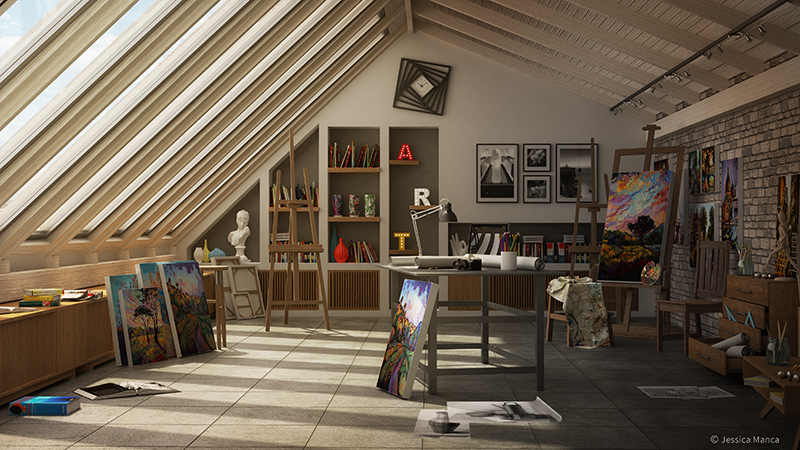 Render di un atelier d'artista