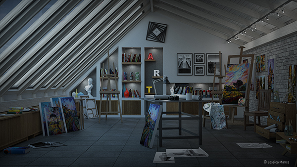 Render di un atelier d'artista con illuminazione notturna