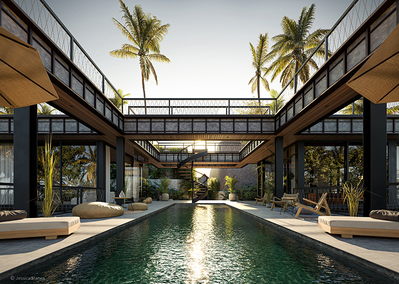 Render fotorealistico del progetto Bond House, con vista sulla piscina centrale del complesso