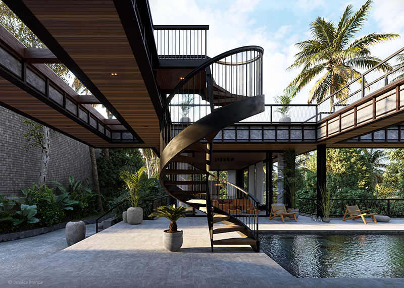Render fotorealistico del progetto Bond House, con vista sul dettaglio della scala a chiocciola
