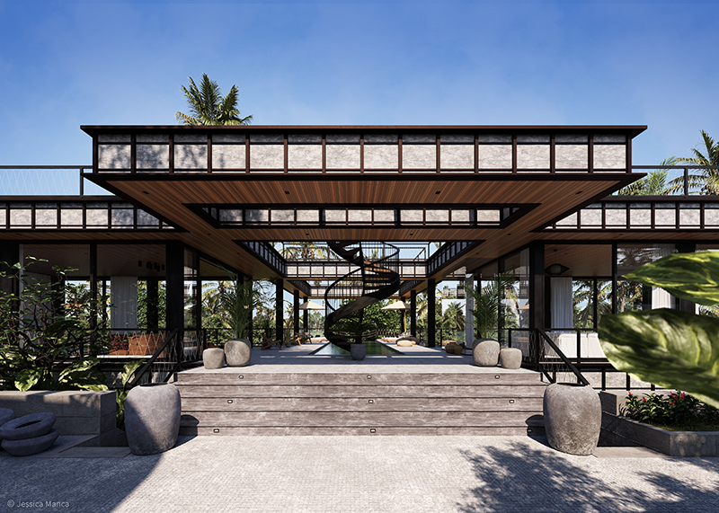 Render fotorealistico del progetto Bond House, con vista frontale sull'ingresso