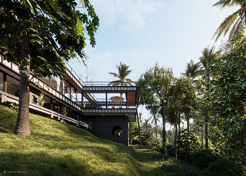 Render fotorealistico del progetto Bond House, con vista sul paesaggio retrostante l'abitazione 