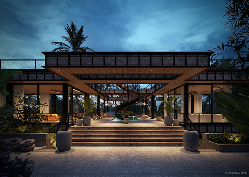 Render fotorealistico del progetto Bond House, con vista frontale sull'ingresso e illuminazione notturna