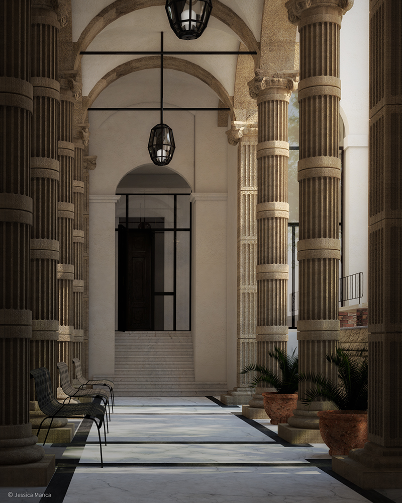 Ricostruzione 3D dell'atrio della facoltà di Architettura di Cagliari