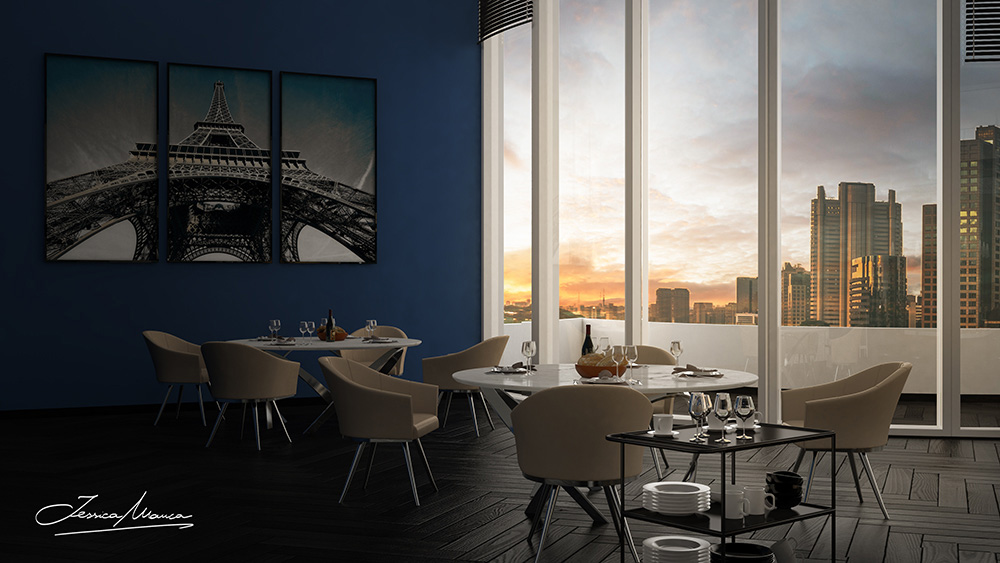 Dettaglio di una sala ricreativa di un hotel con vista sulla città