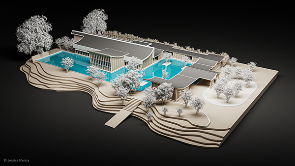 Modellazione 3d di un plastico architettonico raffigurante in progetto del Greenland Hong Kong Yuehu Academy