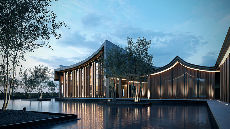 Render fotorealistico del Greenland Hong Kong Yuehu Academy ricostruito integralmente in grafica 3D