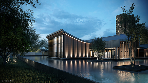 Render fotorealistico del Greenland Hong Kong Yuehu Academy ricostruito integralmente in grafica 3D