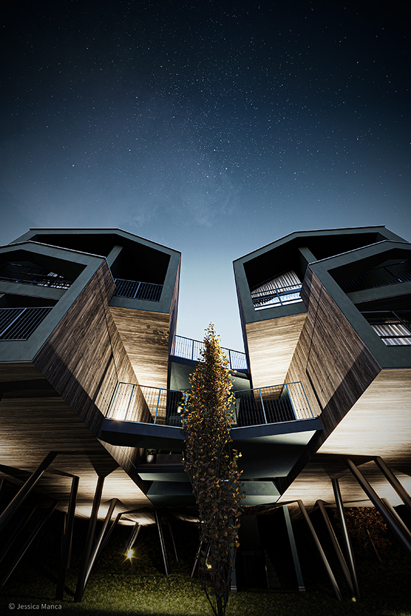 Render fotorealistico di un dettaglio delle Floris Green Suite caratterizzato dai forti contrasti dati dalle luci artificiali con l'illuminazione notturna