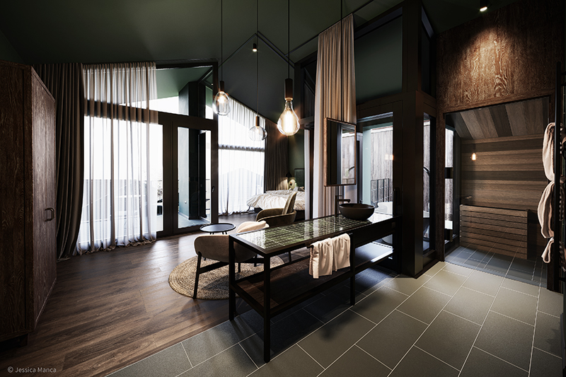 Render fotorealistico di una vista d'interni delle Floris Green Suite del Park Hotel Florian ricostruita integralmente in grafica 3D 