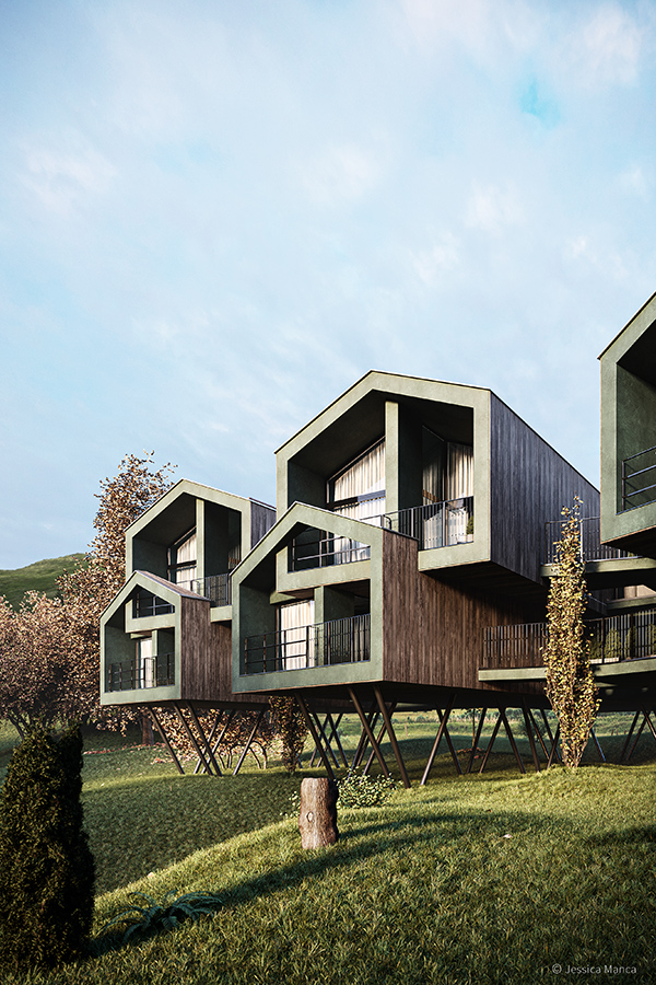 Render fotorealistico di un particolare delle Floris Green Suite alla luce del tramonto