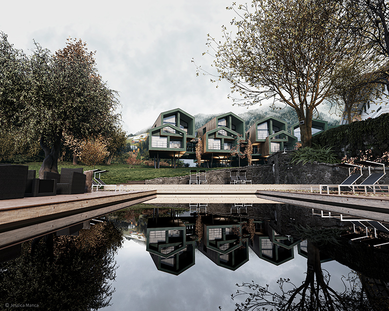 Render fotorealistico delle Floris Green Suite che si specchiano nell'acqua della piscina esterna