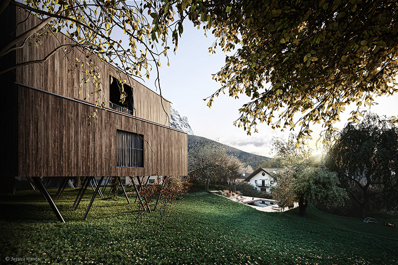 Render fotorealistico delle Floris Green Suite un una vista panoramica verso il parco