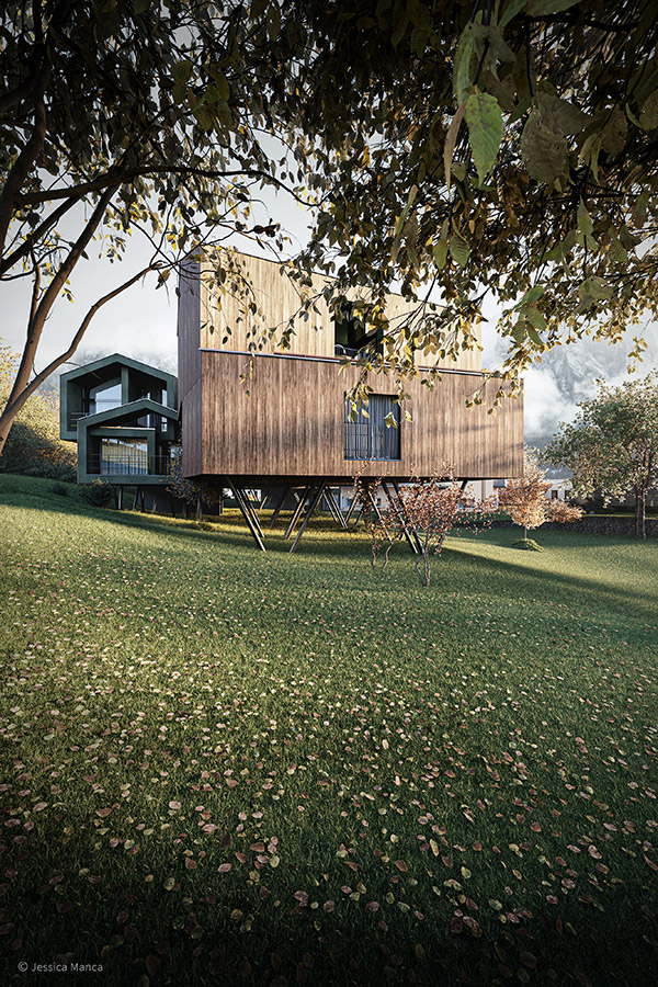Render fotorealistico di uno scorcio delle Floris Green Suite osservate attraverso gli alberi che le contornano