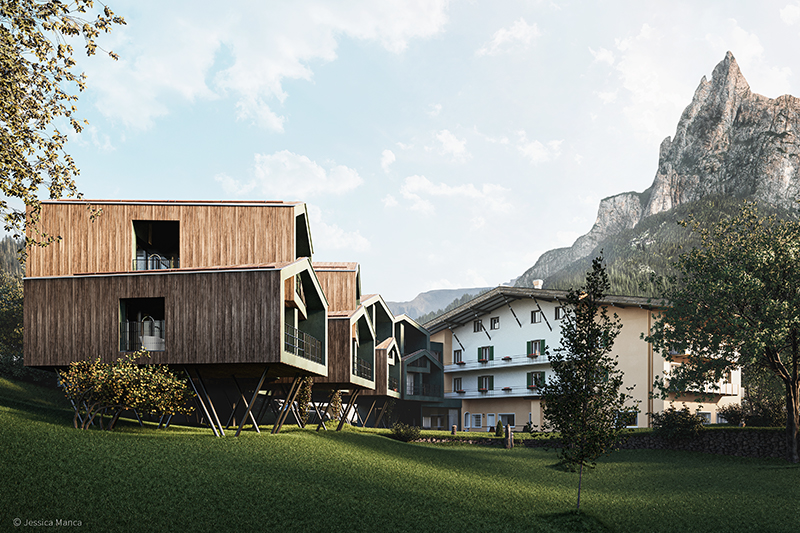 Render fotorealistico di una vista panoramica delle Floris Green Suite e dell'Hotel Florian