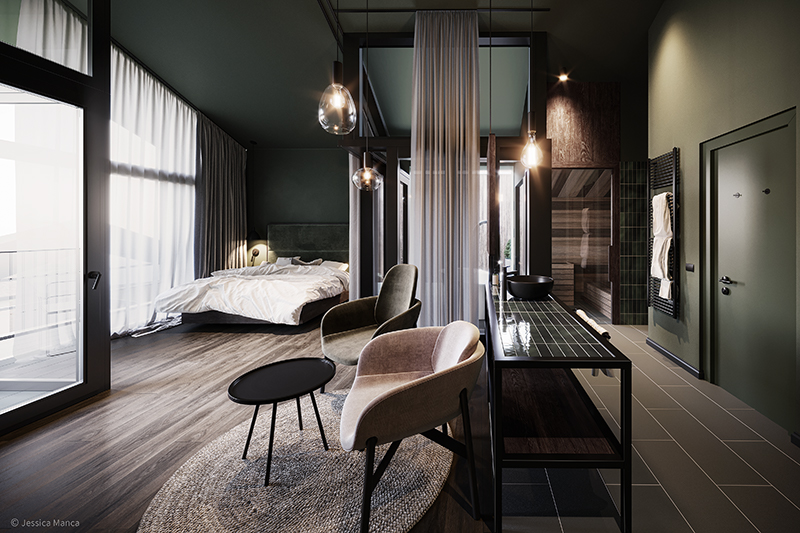 Render fotorealistico di una vista d'interni delle Floris Green Suite del Park Hotel Florian ricostruita integralmente in grafica 3D 