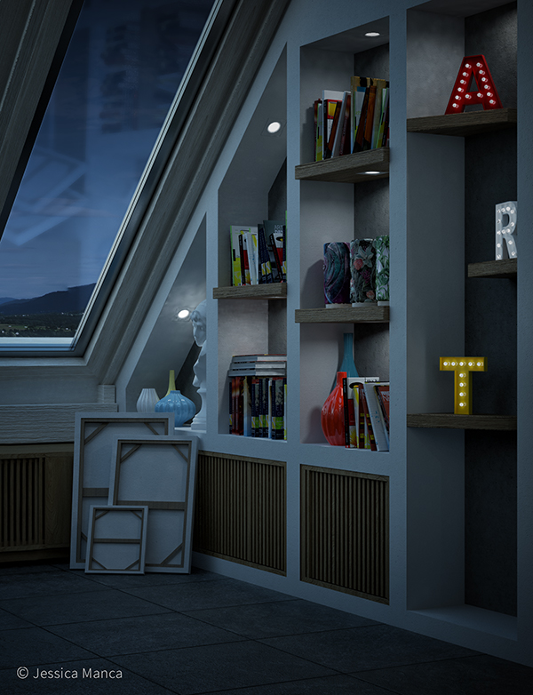 Vista notturna dell'interno di un atelier d'artista