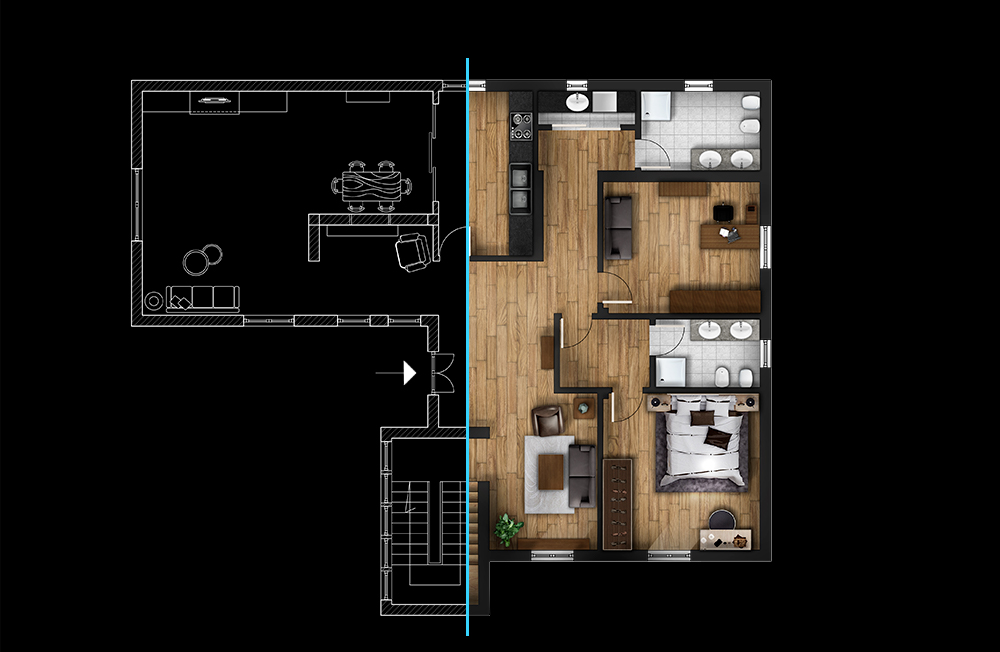 Planimetria 2D arredata di un appartamento 