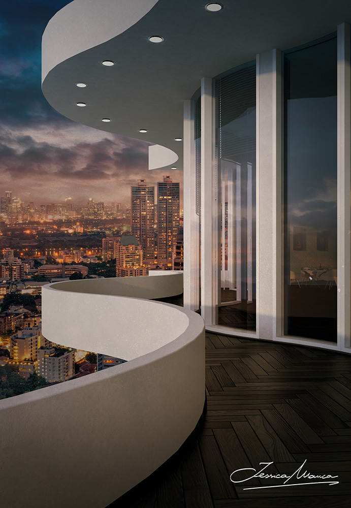 Render di una vista esterna di una sala ricreativa per un hotel