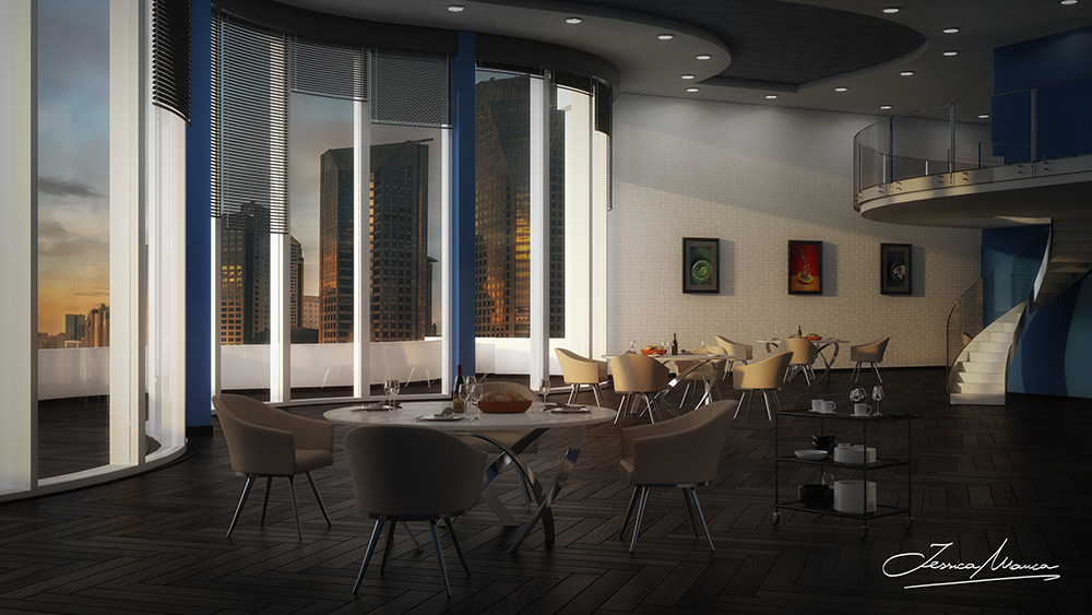 Render di una vista dell'interno di una sala ricreativa per un hotel