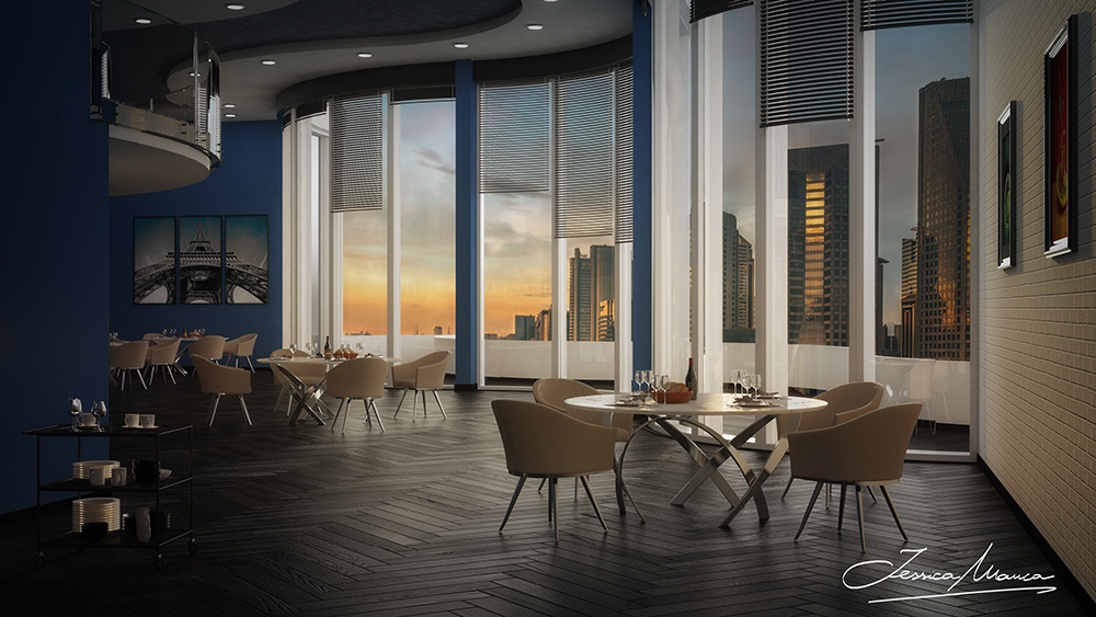 Render di una vista dell'interno di una sala ricreativa per un hotel