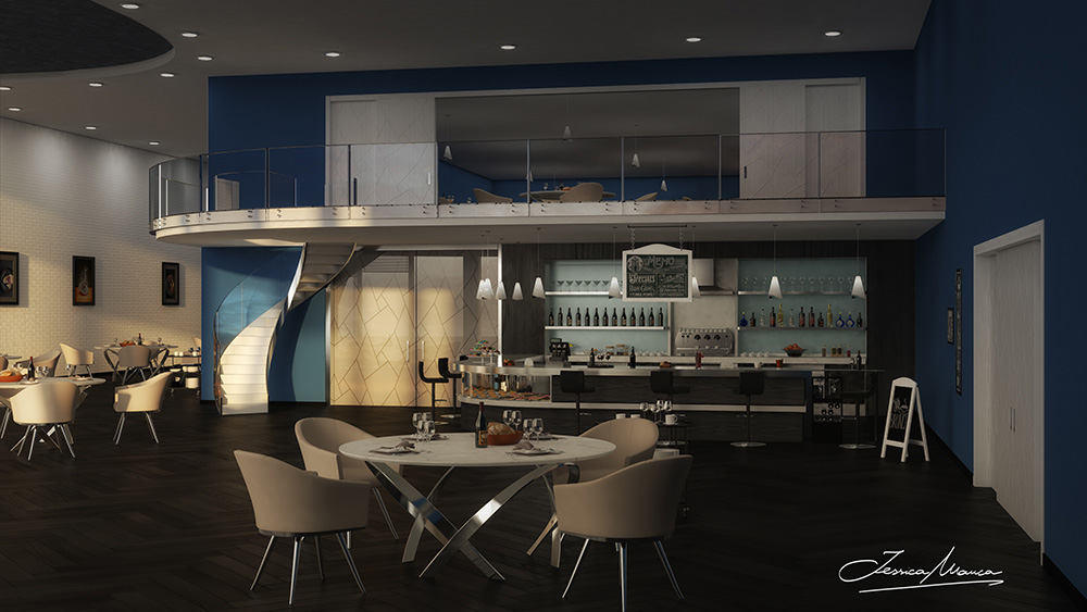 ender dell'interno di una sala ricreativa con vista verso il bar