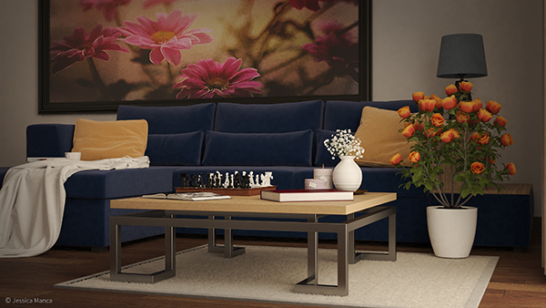 Render fotorealistico di un salotto moderno