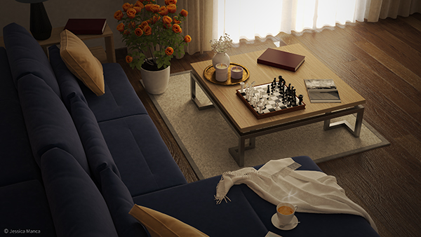 Render fotorealistico di un salotto moderno con vista dall'alto