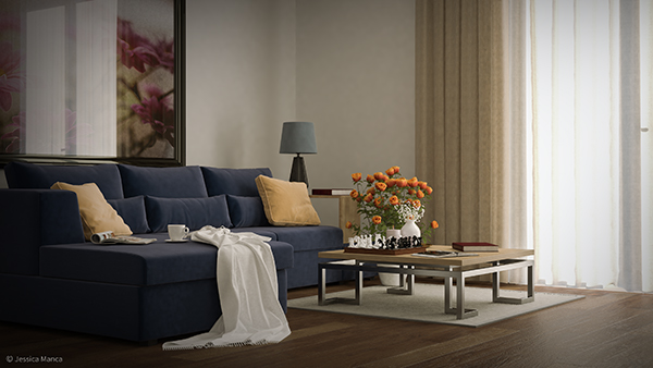 Render fotorealistico di un salotto moderno