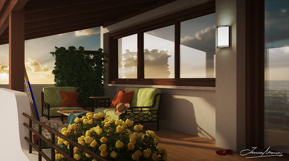 Render di un terrazzo con affaccio sul mare