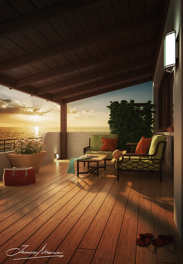Render di un terrazzo con affaccio sul mare