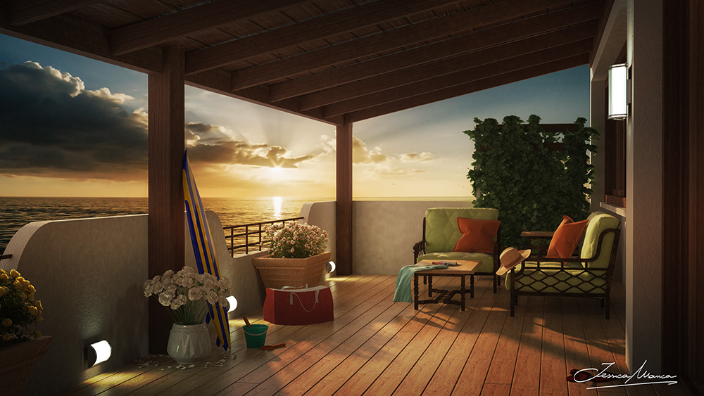 Render di un terrazzo con affaccio sul mare