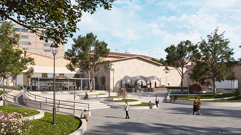 Render fotorealistico di Via Garibaldi con ipotesi di riqualificazione con realizzazione di un parco urbano