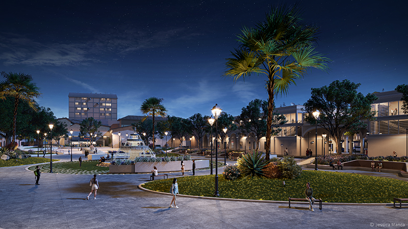 Render fotorealistico di Via Garibaldi con ipotesi di riqualificazione con realizzazione di un parco urbano