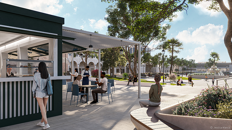 Render fotorealistico di Via Garibaldi con ipotesi di riqualificazione con realizzazione di un parco urbano