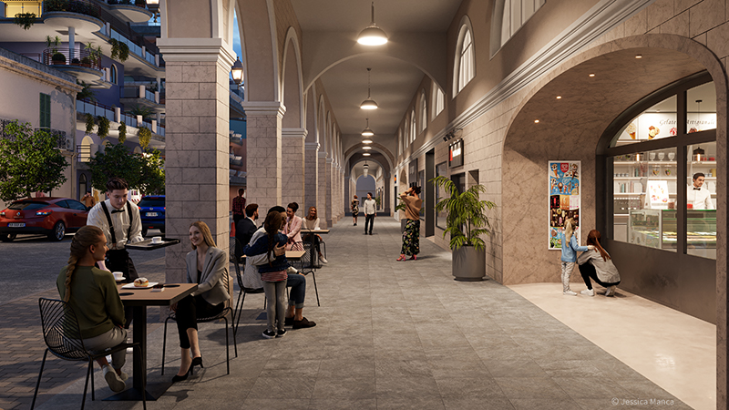 Render fotorealistico di Via Garibaldi con dettaglio interno dei portici in un'ipotesi di riqualificazione