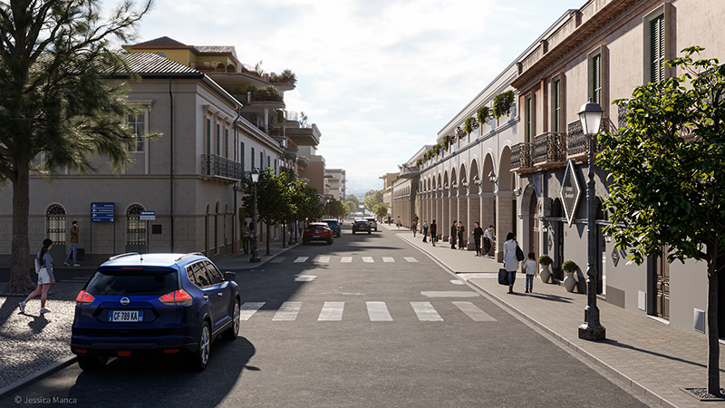 Render fotorealistico di Via Garibaldi con ipotesi di riqualificazione