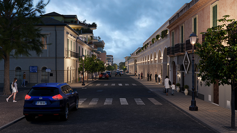 Render fotorealistico di Via Garibaldi con ipotesi di riqualificazione e illuminazione notturna