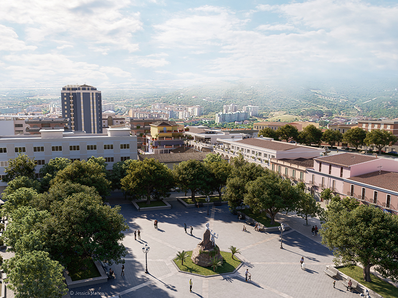 Render fotorealistico di una panoramica aerea di Piazza Sella  e di Via Garibaldi in un'ipotesi di riqualificazione