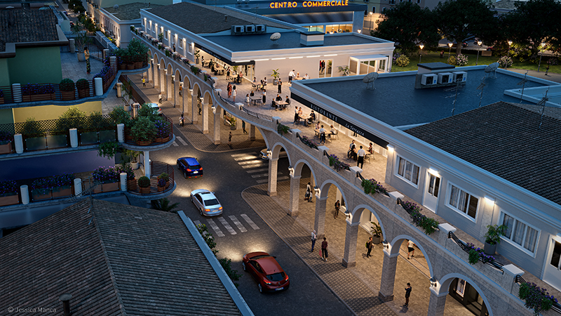 Render fotorealistico di una vista aerea di un dettaglio della Via Garibaldi con illuminazione notturna