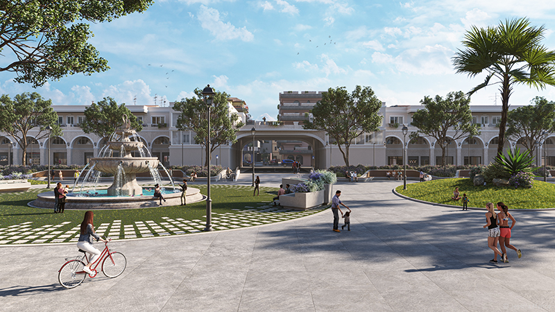 Render fotorealistico di Via Garibaldi con ipotesi di riqualificazione con realizzazione di un parco urbano