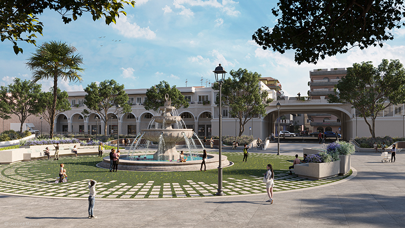 Render fotorealistico di Via Garibaldi con ipotesi di riqualificazione con realizzazione di un parco urbano