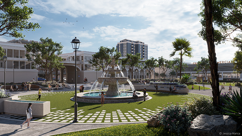 Render fotorealistico di Via Garibaldi con ipotesi di riqualificazione con realizzazione di un parco urbano