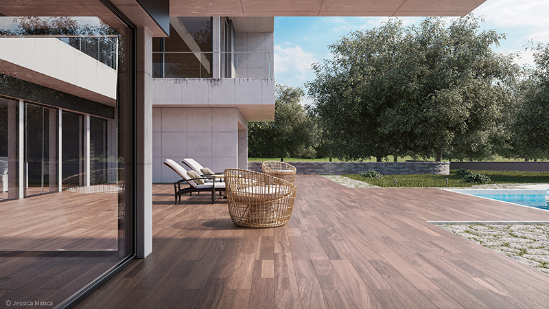 Render fotorealistico di una vista esterna di dettaglio di una villa moderna inserita in un contesto naturale con illuminazione diurna