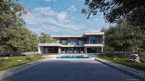 Render fotorealistico di una vista esterna panoramica di una villa moderna inserita in un contesto naturale con illuminazione diurna