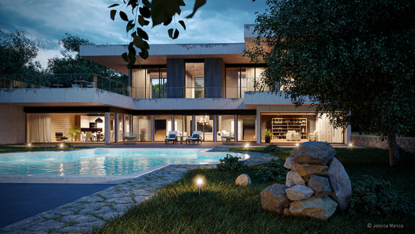 Render fotorealistico di un particolare di una vista interna di un'architettura moderna con illuminazione notturna