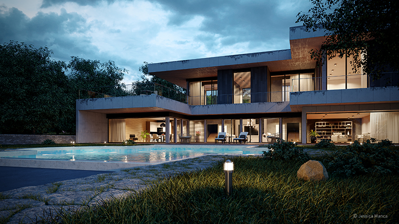 Render fotorealistico di un dettaglio dell'interno di un'architettura moderna con illuminazione notturna